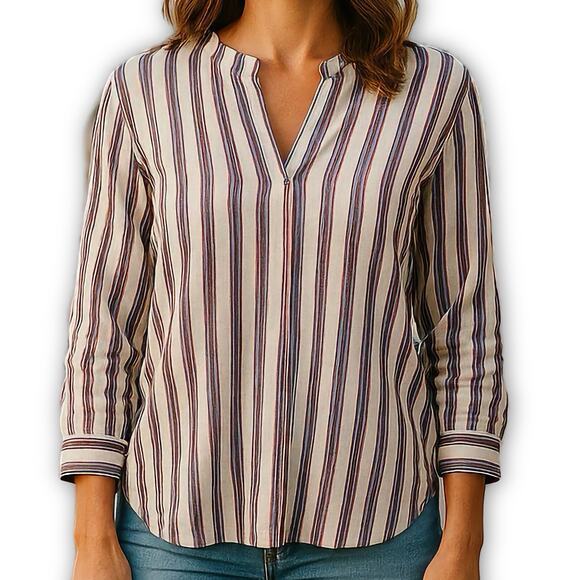J.Crew Blouse Cotton Striped Split Neck Red Blue White Size 12 - Picture 1 of 11